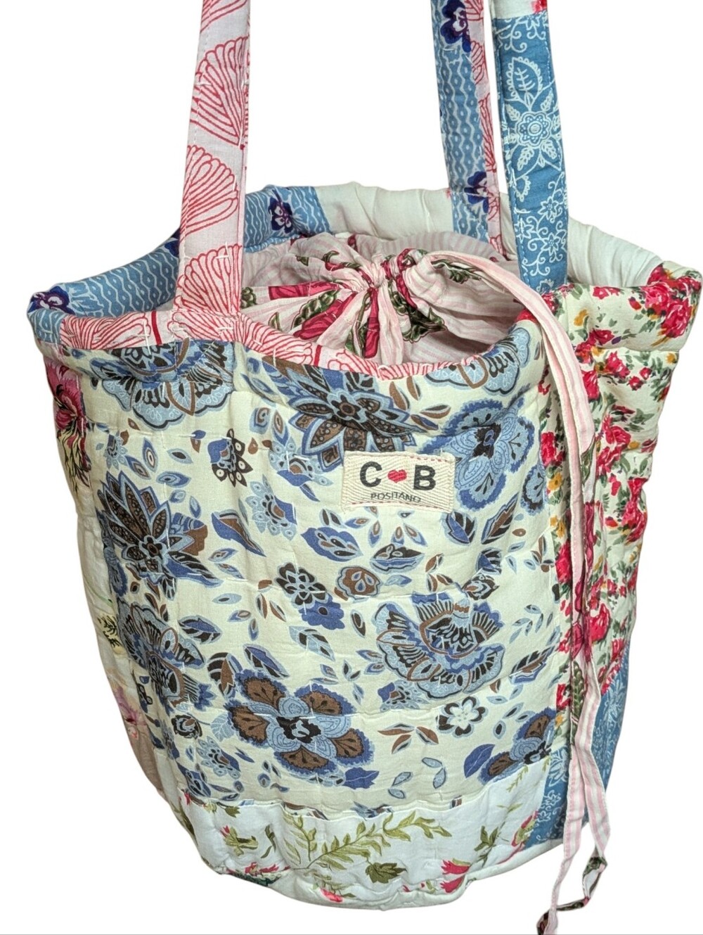 CB Positano Cotton Quilted Bucket Drawstring Floral Purse Tote